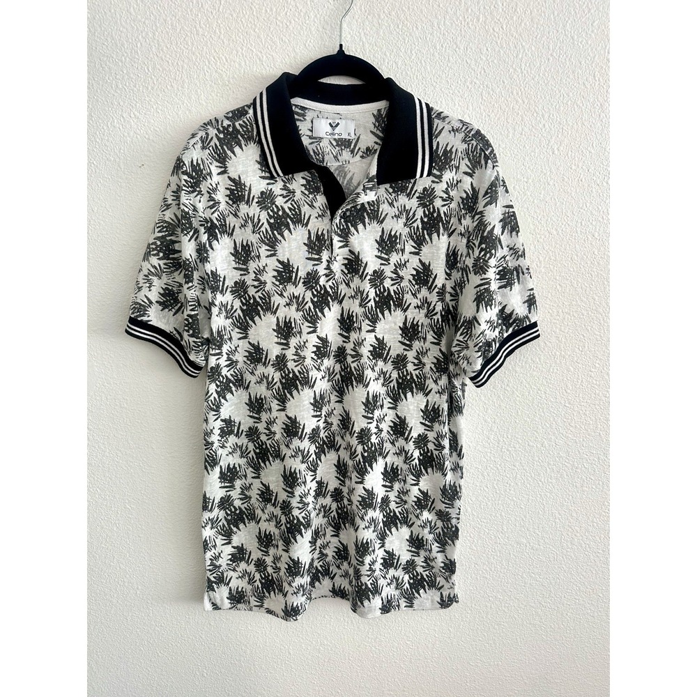 Celino Polo Shirt Mens XL Tropical Knit White Black Lightweight 100% Cotton